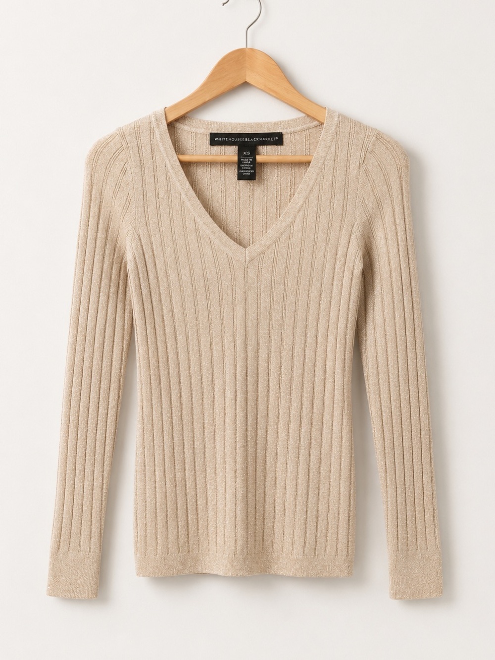 White House Black Market Beige And Metallic Gold Threaded Ribbed V-Neck Sweater